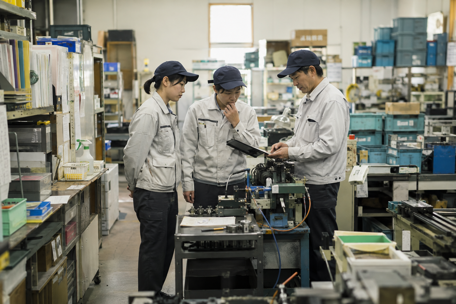 製造現場で改善について話し合う担当者